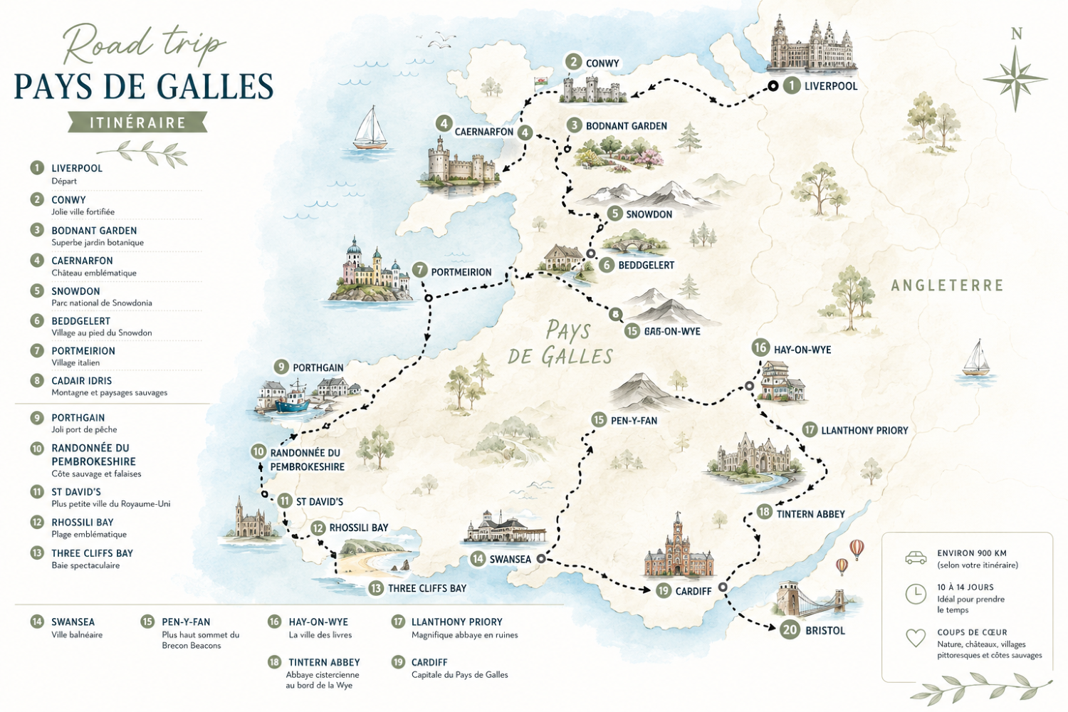 carte d'un itinéraire d'une semaine au pays de galles
