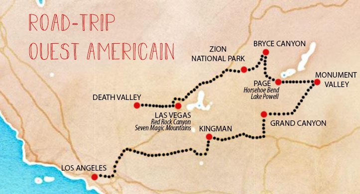 itinéraire détaillé d'un road-trip entre los angeles et las vegas dans l'ouest américain , Etats-Unis