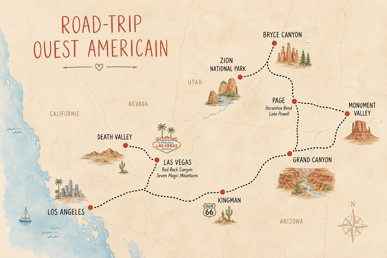 itineraire d'un road-trip dans l'ouest américain , etats-unis
